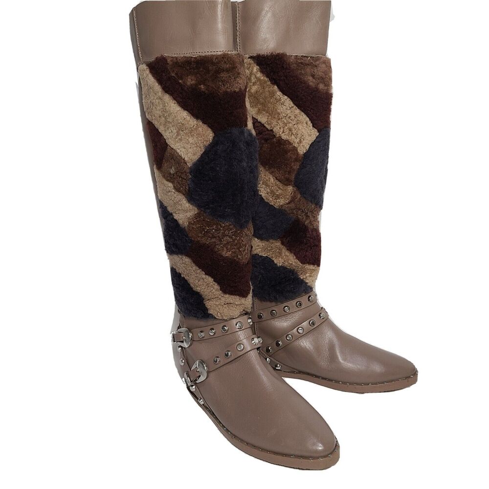 Ivy Kirzhner women boot Shearling Taupe tall fur Tartufo Patchwork Riding sz 7.5
